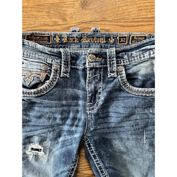 Rock Revival Jeans Men's 32x30 Selwyn Leather Insert Star Slim Taper Distressed - Picture 6 of 16